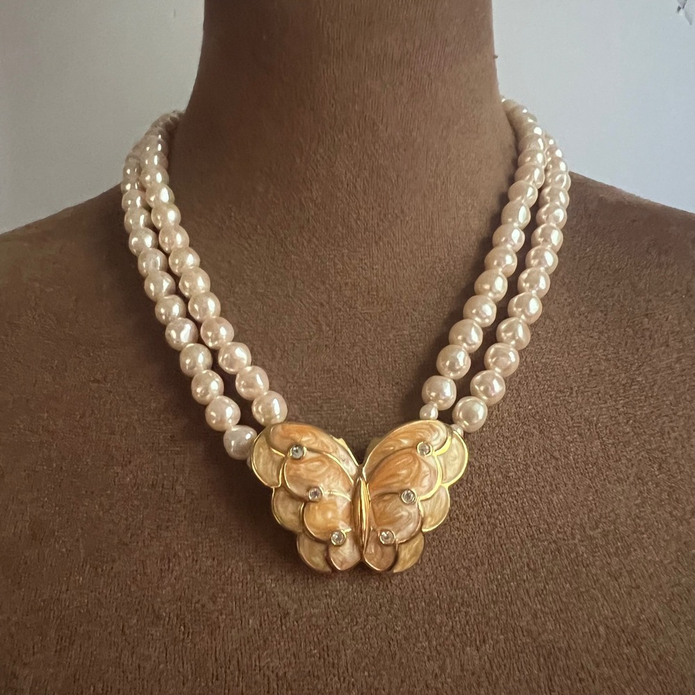 KJL for Avon Butterfly Faux Pearl Double Strand Necklace 16" Cottagecore